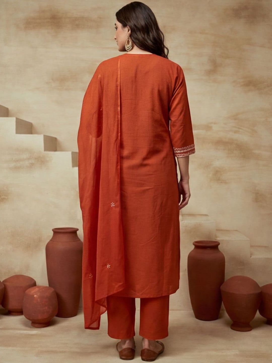 House of Pataudi Solid Embroidered Straight Cotton Kurta & Trousers Sets thumbnail 4