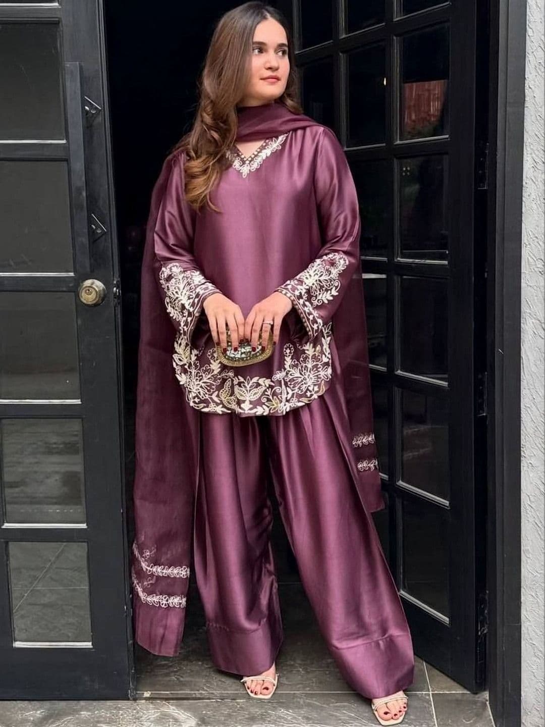 Sangria Embroidered Silk Crepe V-Neck Kurta & Palazzos With Dupatta - view 1