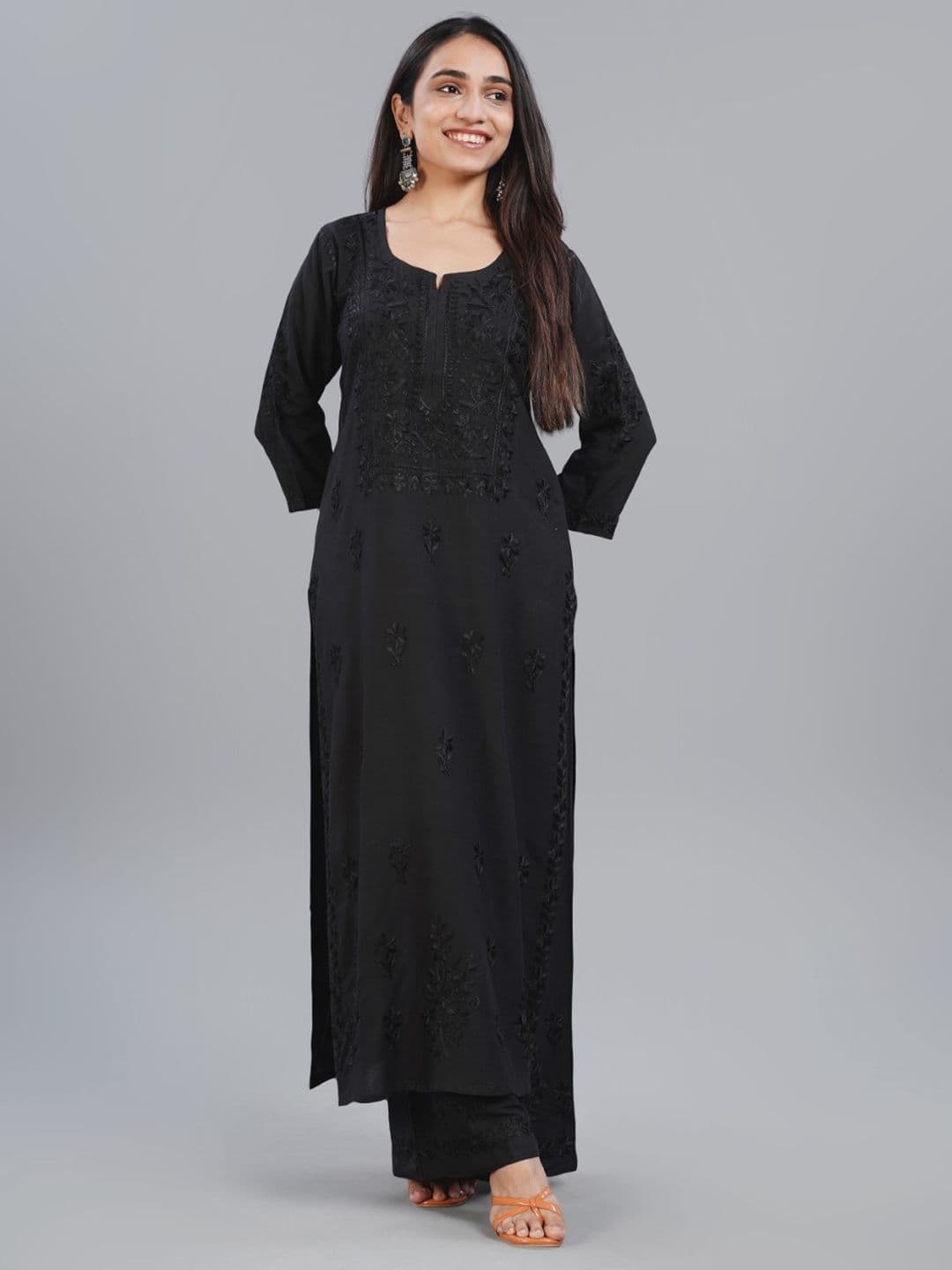 colorkosh Black Ethnic Motifs Embroidered Notch Neck Chikankari Kurta With Palazzos Set - view 1