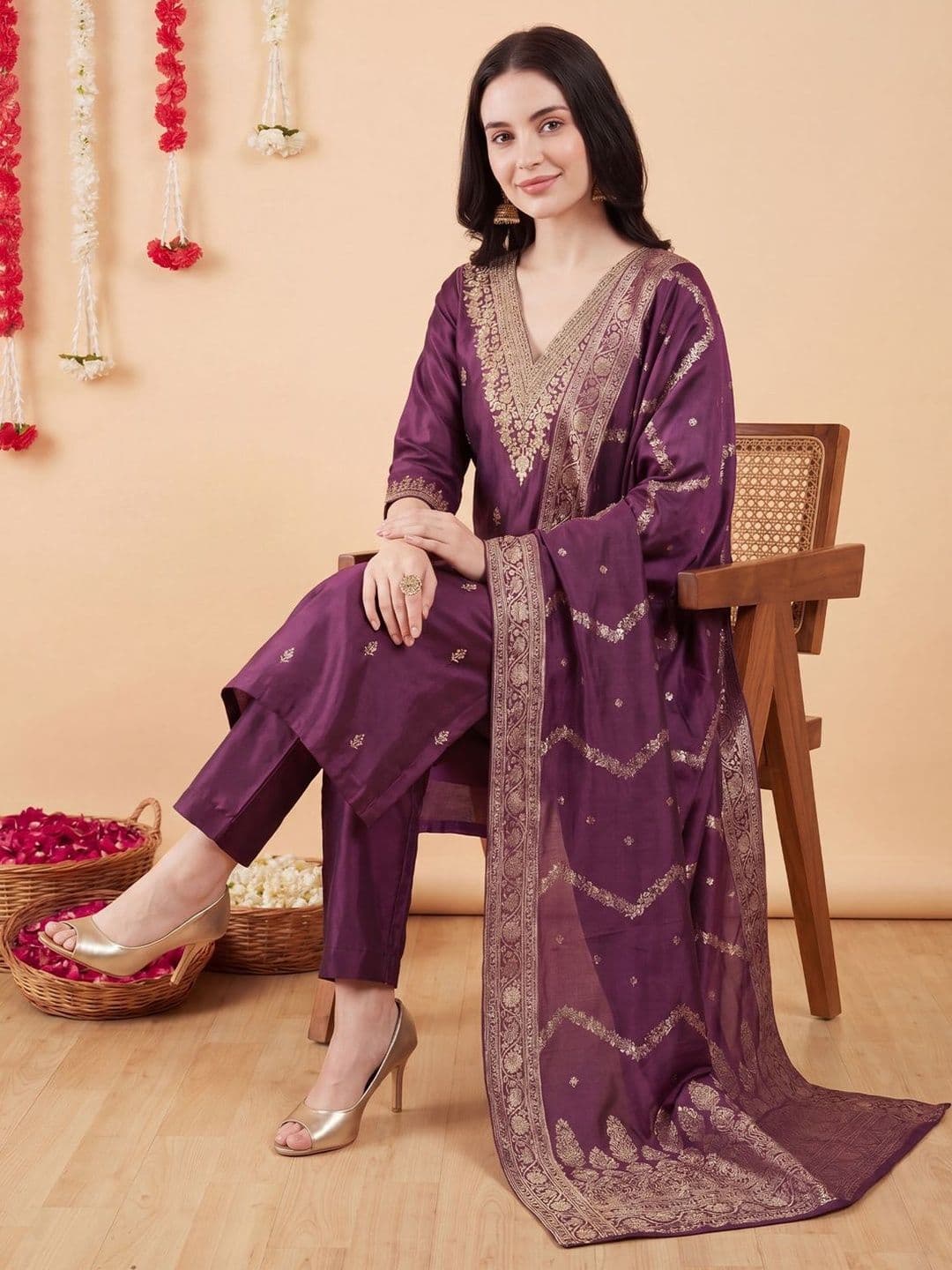 Indo Era Women Ethnic Motifs Embroidered Regular Thread Work Kurta with Trousers & With Dupatta - view 1