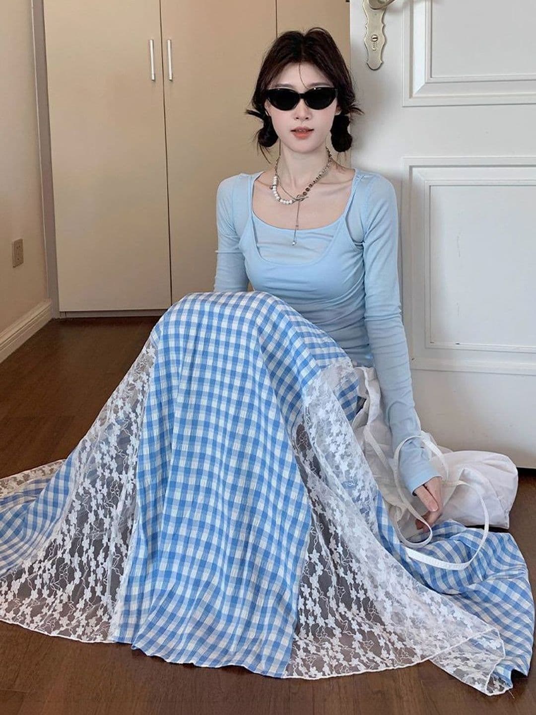 Suo Women Lace Checked Tiered Maxi A-Line Skirt thumbnail 3