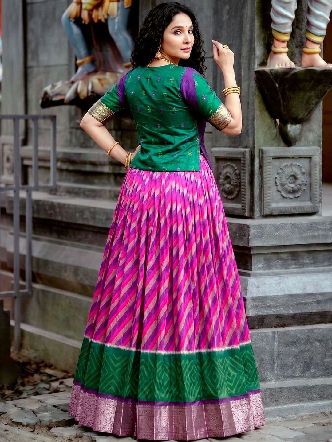 LOOKNBOOK ART Tasar Silk Leheriya Print Lehenga Choli with Rich Zari Weaving Work thumbnail 2
