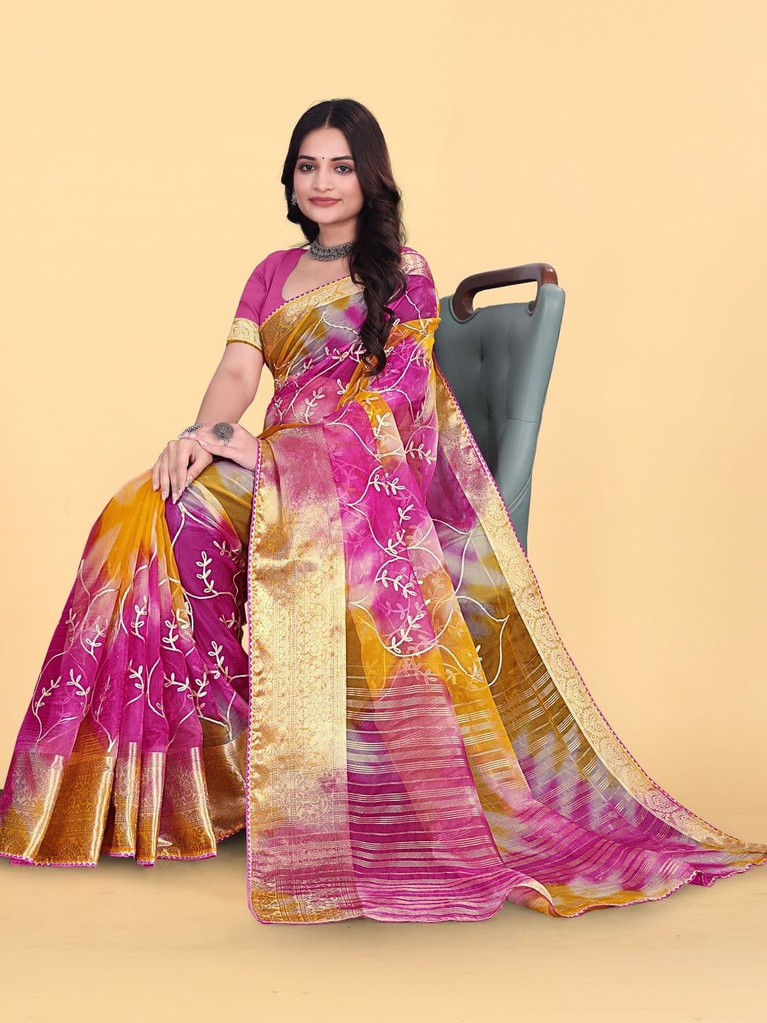 KOTHARI BS Tie and Dye Embroidered Organza Patola Saree thumbnail 5
