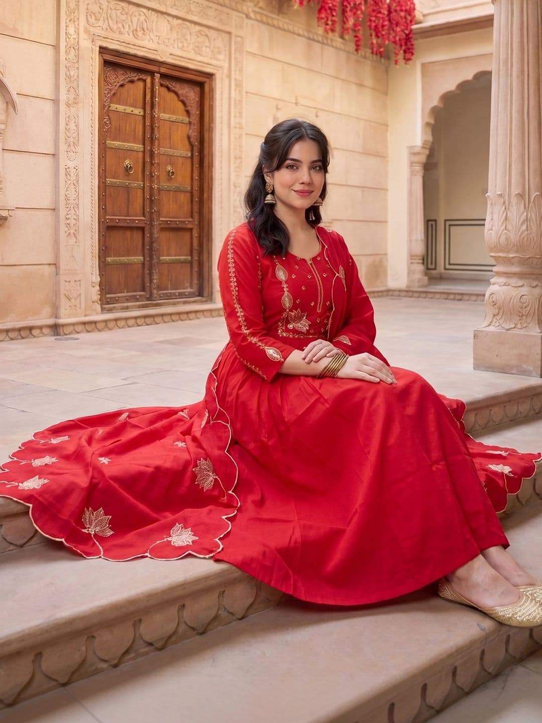 Indo Era Women Ethnic Motifs Embroidered Regular Thread Work Kurta with Trousers & With Dupatta - view 1