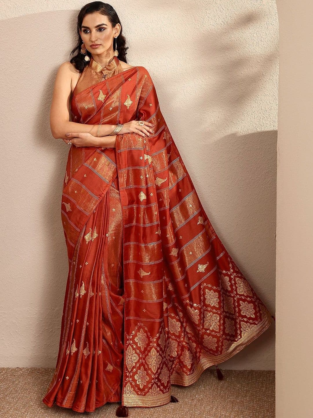 Libas Rust Woven Design Banarsi Saree With Unstitched Blouse Piece - view 1