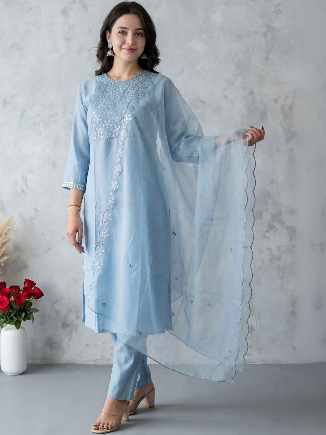 Indo Era Women Ethnic Motifs Embroidered Regular Thread Work Kurta with Trousers & With Dupatta thumbnail 5