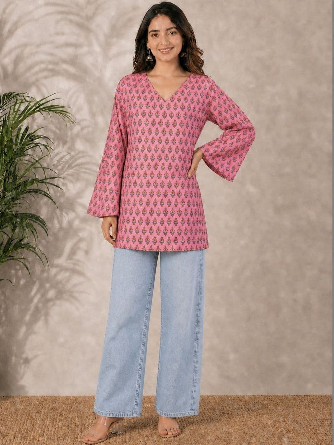 Sangria Printed V-Neck Above Knee Straight Kurtas thumbnail 2