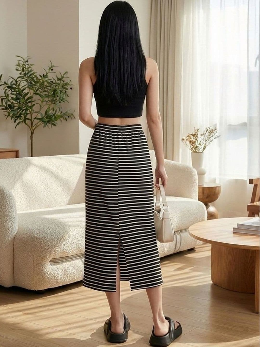 Zucchini Women Striped Back Slit Midi Straight Skirt thumbnail 2