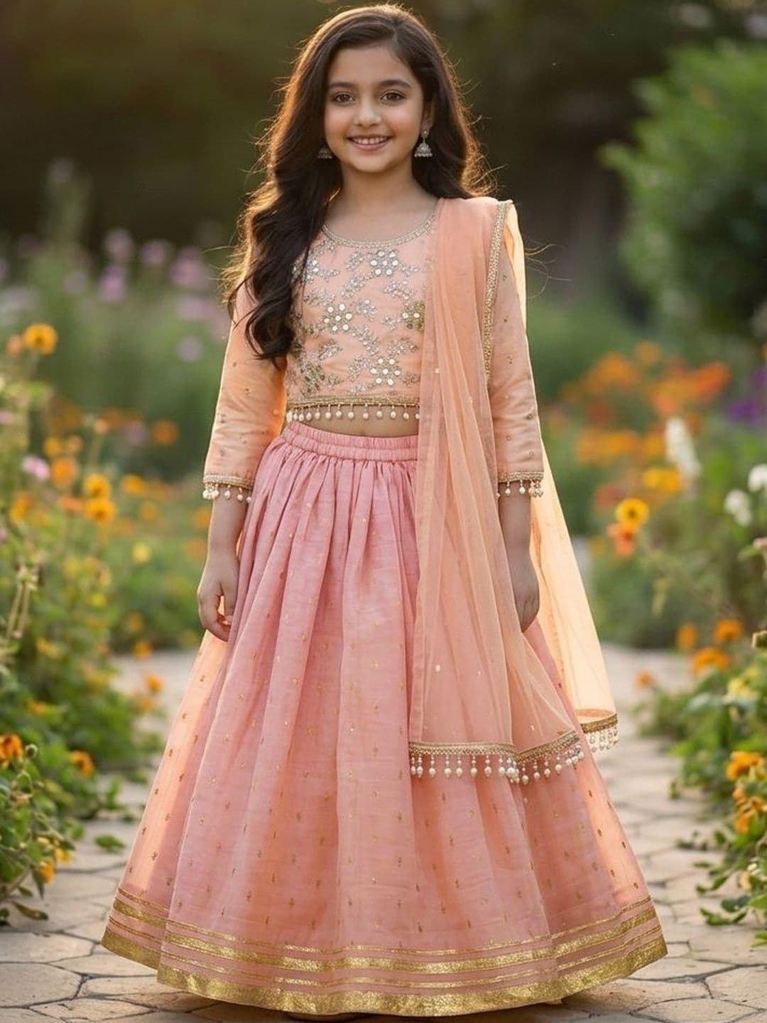 RJ ONLINE Girls Embroidered Mirror Work Ready to Wear Lehenga & Blouse With Dupatta - view 1