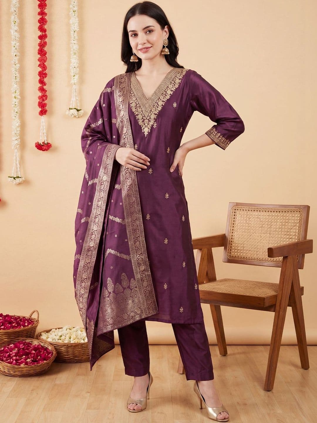 Indo Era Women Ethnic Motifs Embroidered Regular Thread Work Kurta with Trousers & With Dupatta thumbnail 3