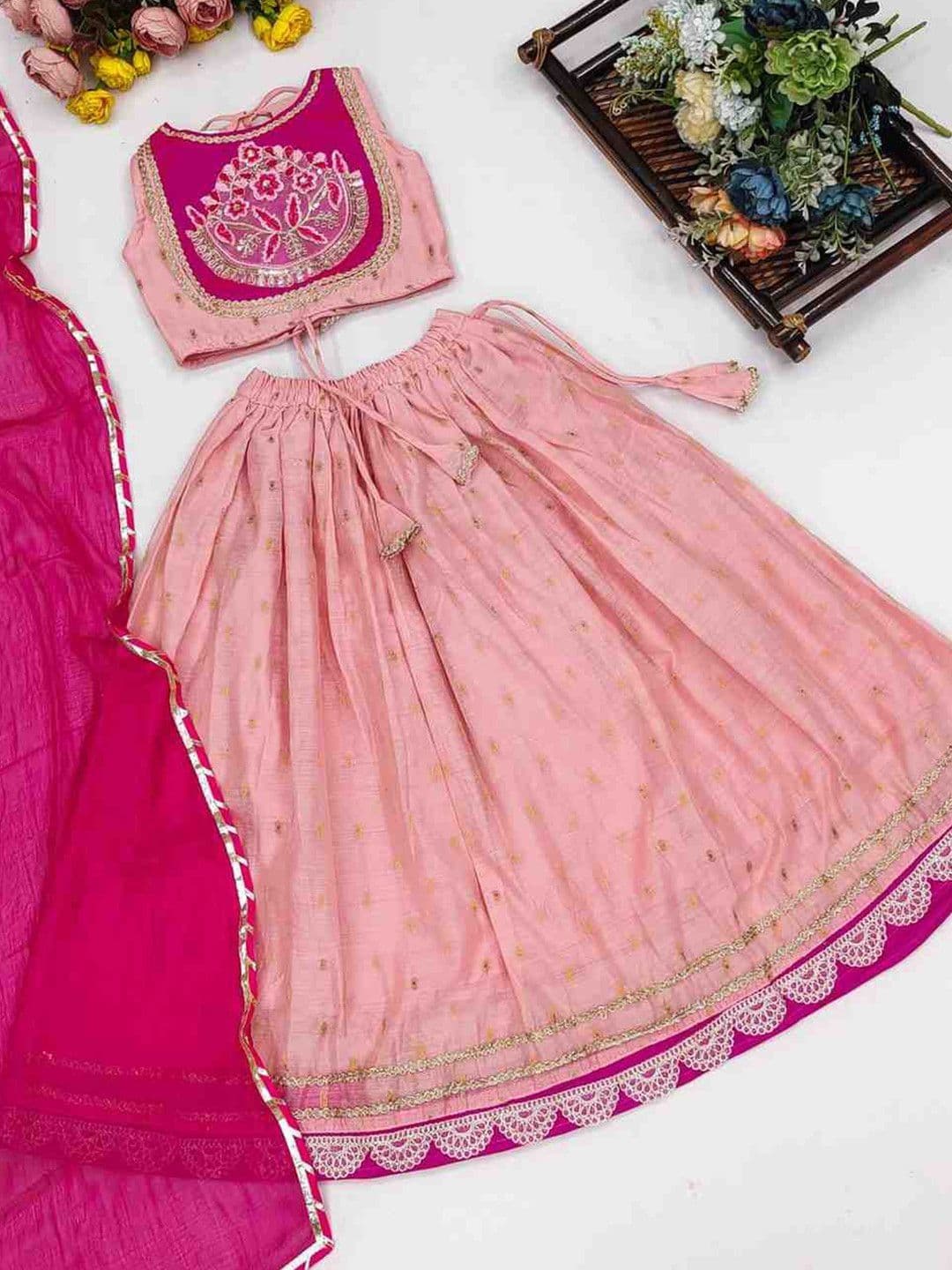 RJ ONLINE Girls Thread Work Tie and Dye Semi-Stitched Lehenga & Blouse With Dupatta thumbnail 4