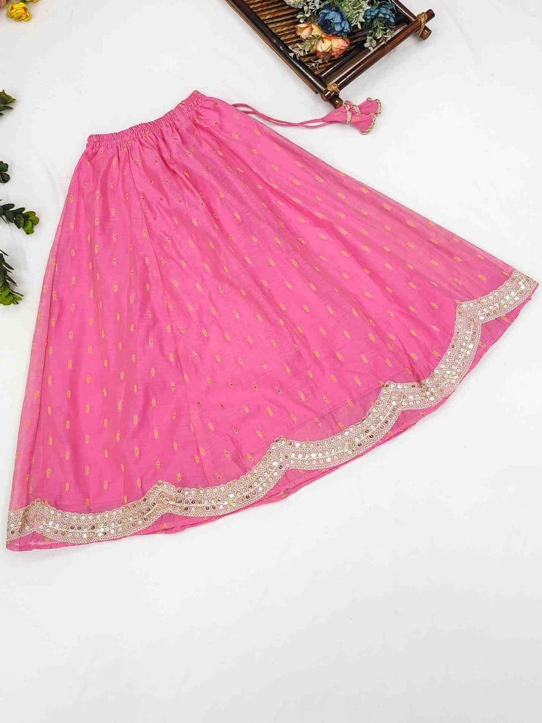 RJ ONLINE Girls Mirror Work Tie and Dye Semi-Stitched Lehenga & Blouse With Dupatta thumbnail 5
