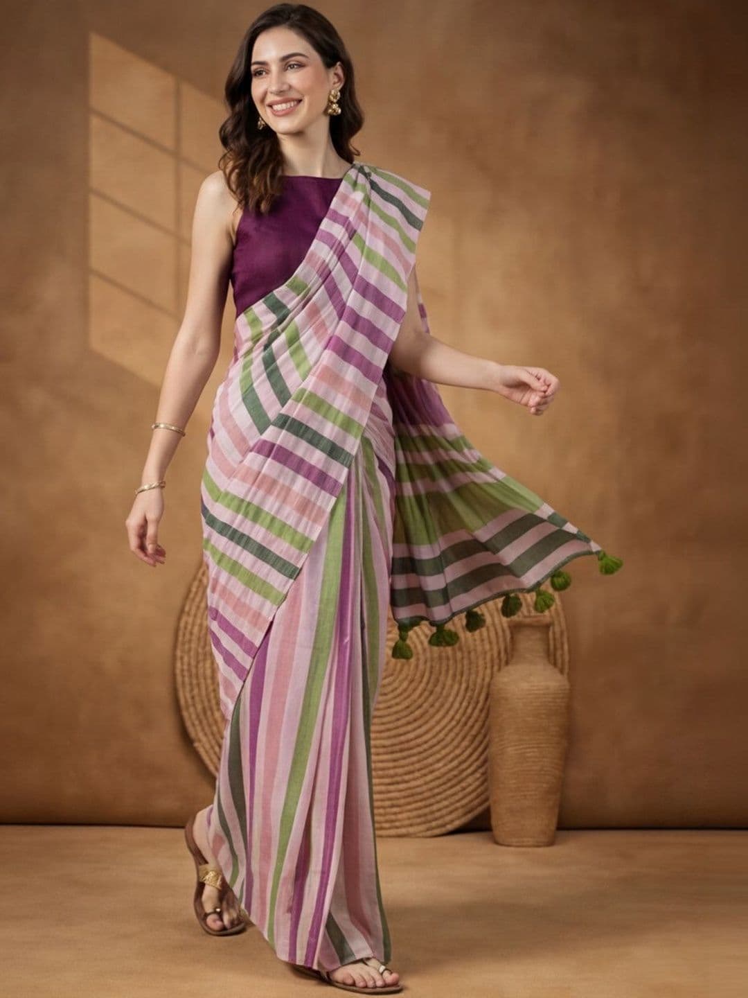 Jaipur Kurti Striped Pure Linen Saree - view 1