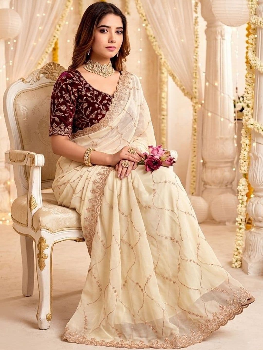 Mitera Ethnic Motifs Embroidered Poly Georgette Heavy Work Saree thumbnail 3
