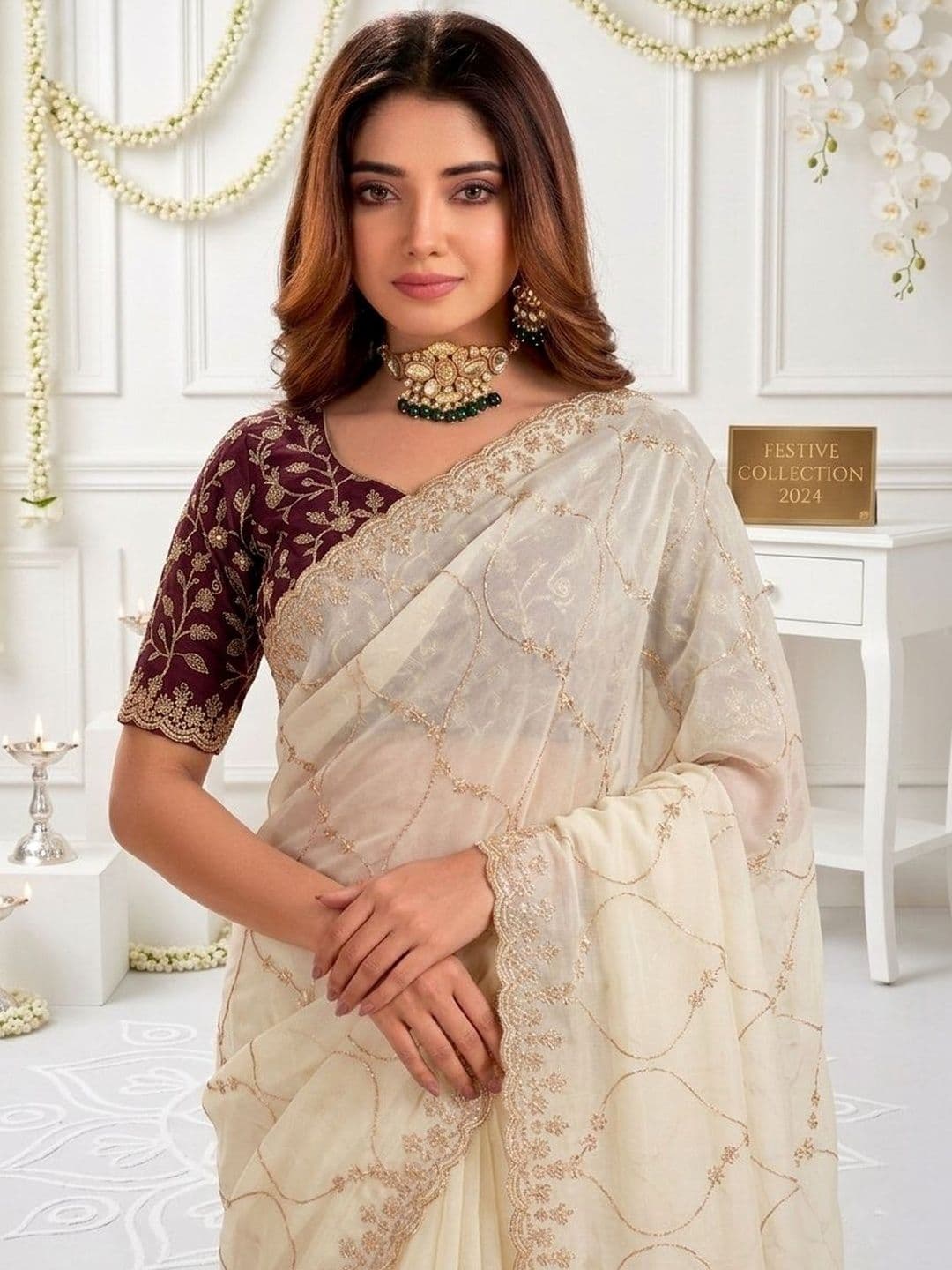 Mitera Ethnic Motifs Embroidered Poly Georgette Heavy Work Saree thumbnail 6
