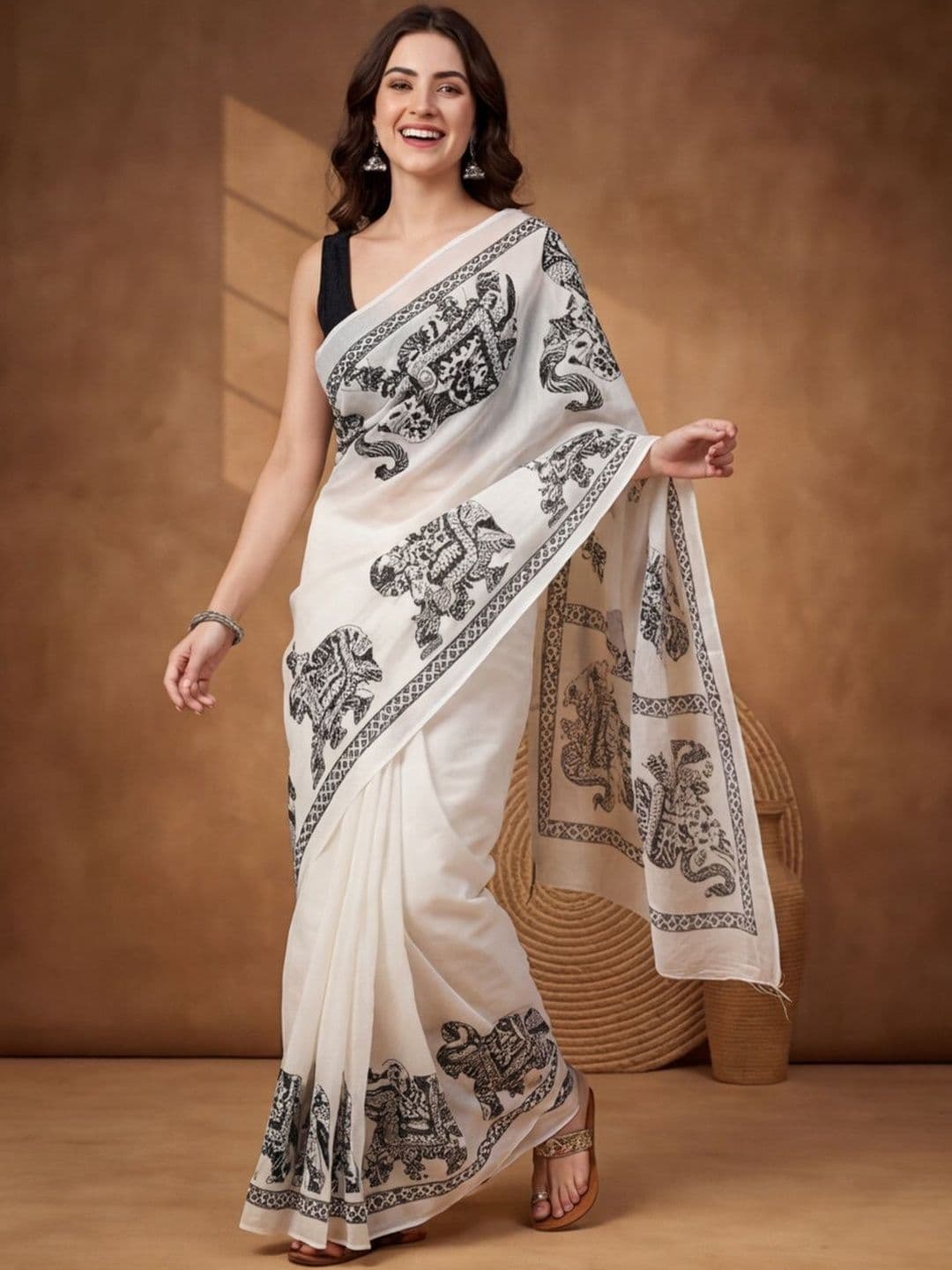 Jaipur Kurti Ethnic Motifs Linen Blend Saree - view 1