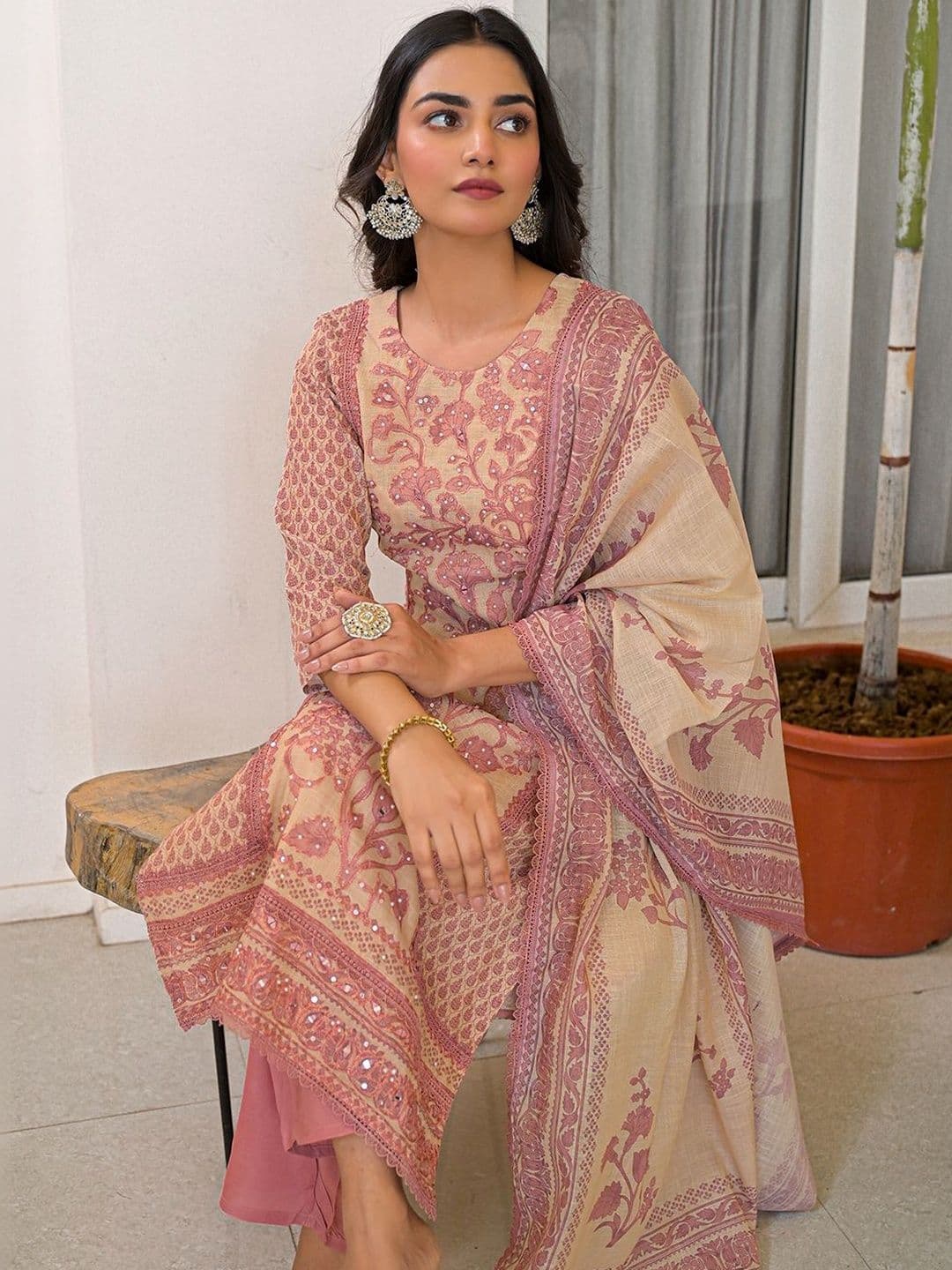 Sangria Embroidered  Round Neck Kurta & Trousers With Dupatta thumbnail 5