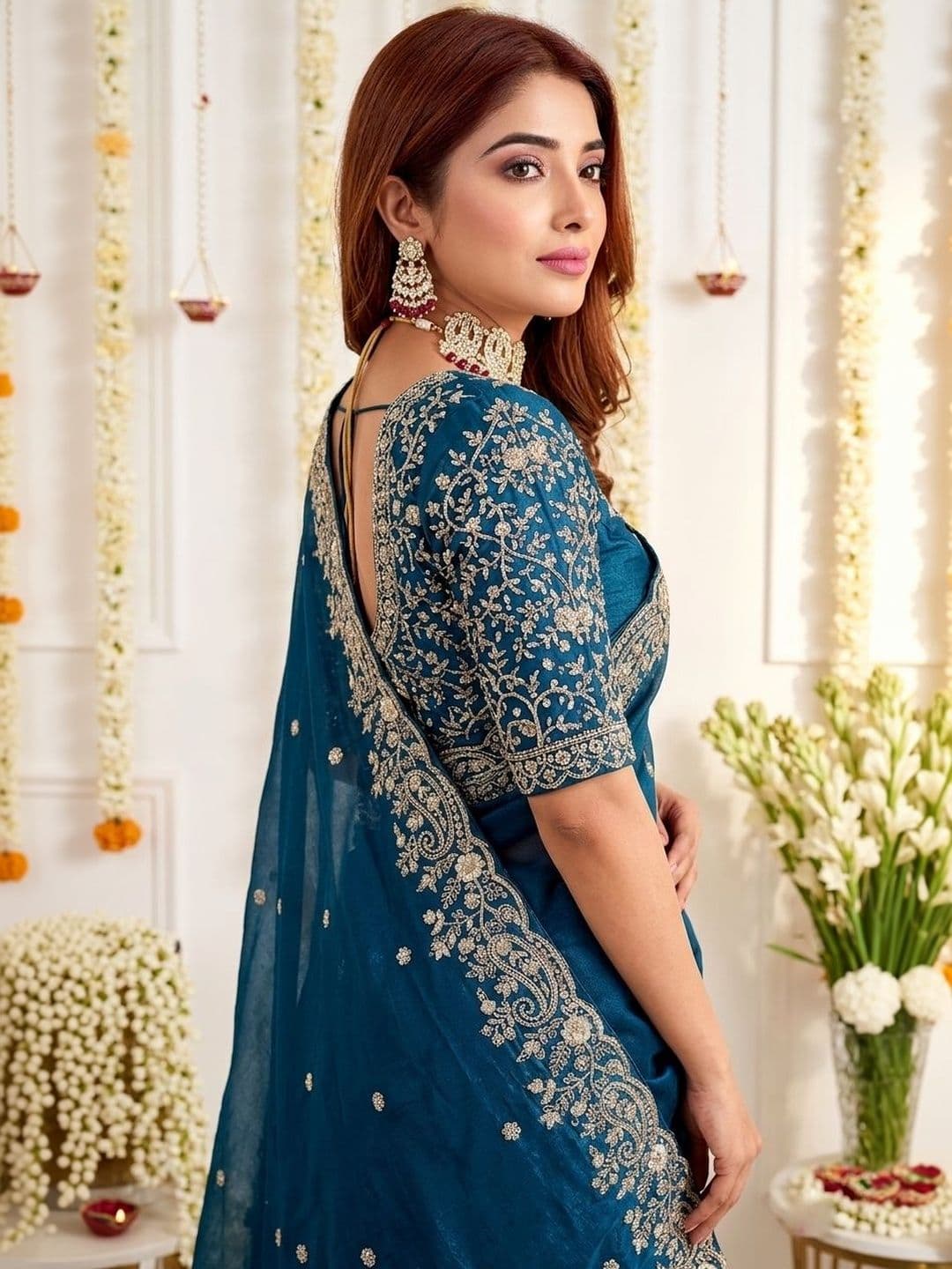 Mitera Embellished Embroidered Poly Georgette Heavy Work Saree thumbnail 3