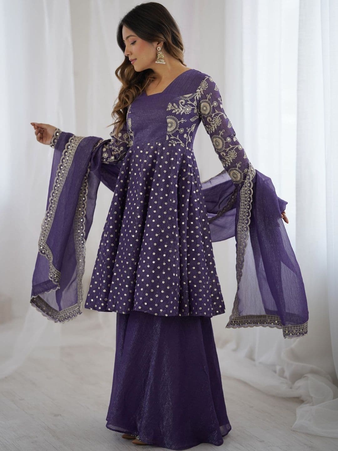MARUTI VASTRAM Women Ethnic Motifs Printed Empire Thread Work Pure Silk Kurta with Sharara & With Dupatta - view 1