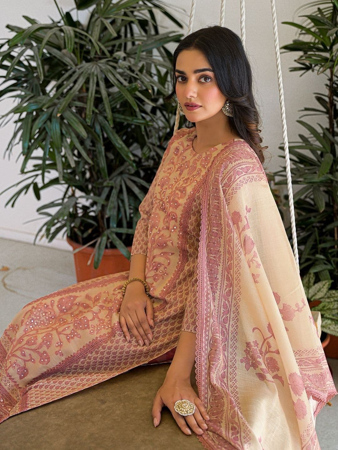 Sangria Embroidered  Round Neck Kurta & Trousers With Dupatta thumbnail 4