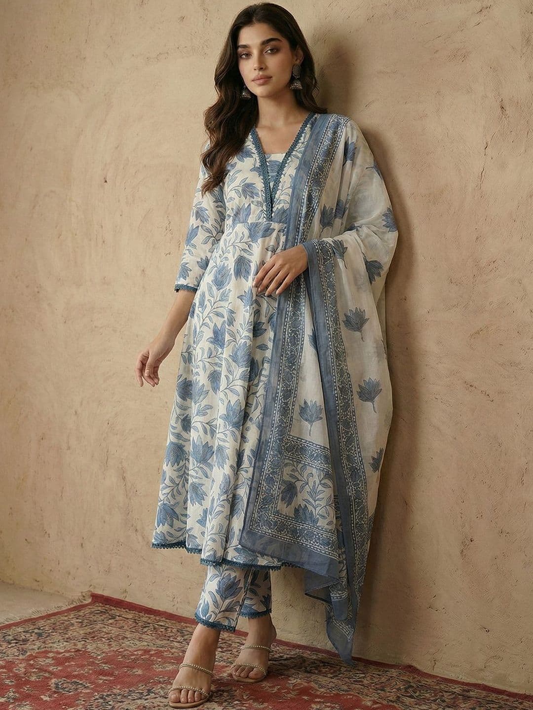 Sangria Printed V-Neck Kurta & Trousers With Dupatta - view 1
