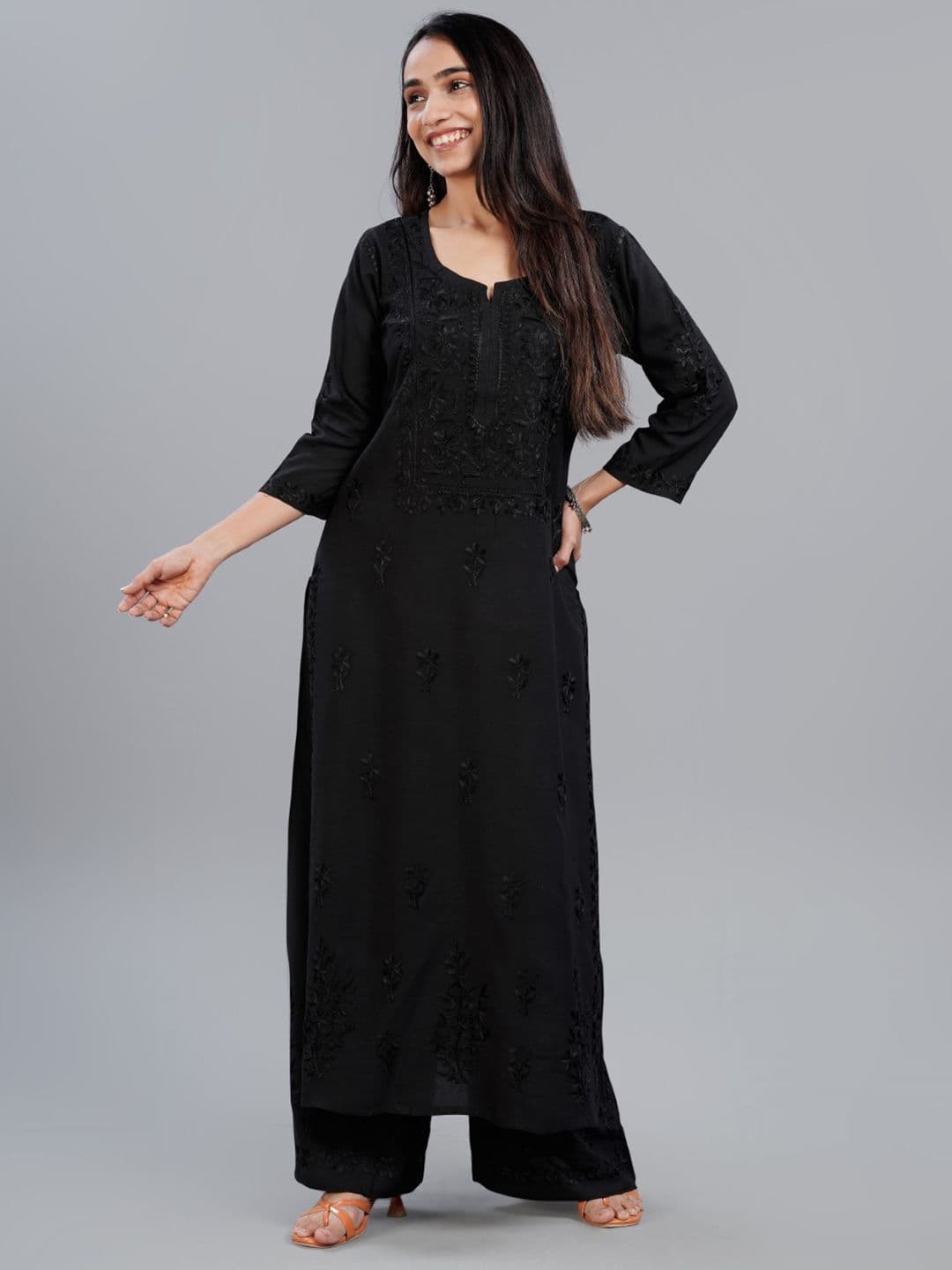 colorkosh Black Ethnic Motifs Embroidered Notch Neck Chikankari Kurta With Palazzos Set thumbnail 5