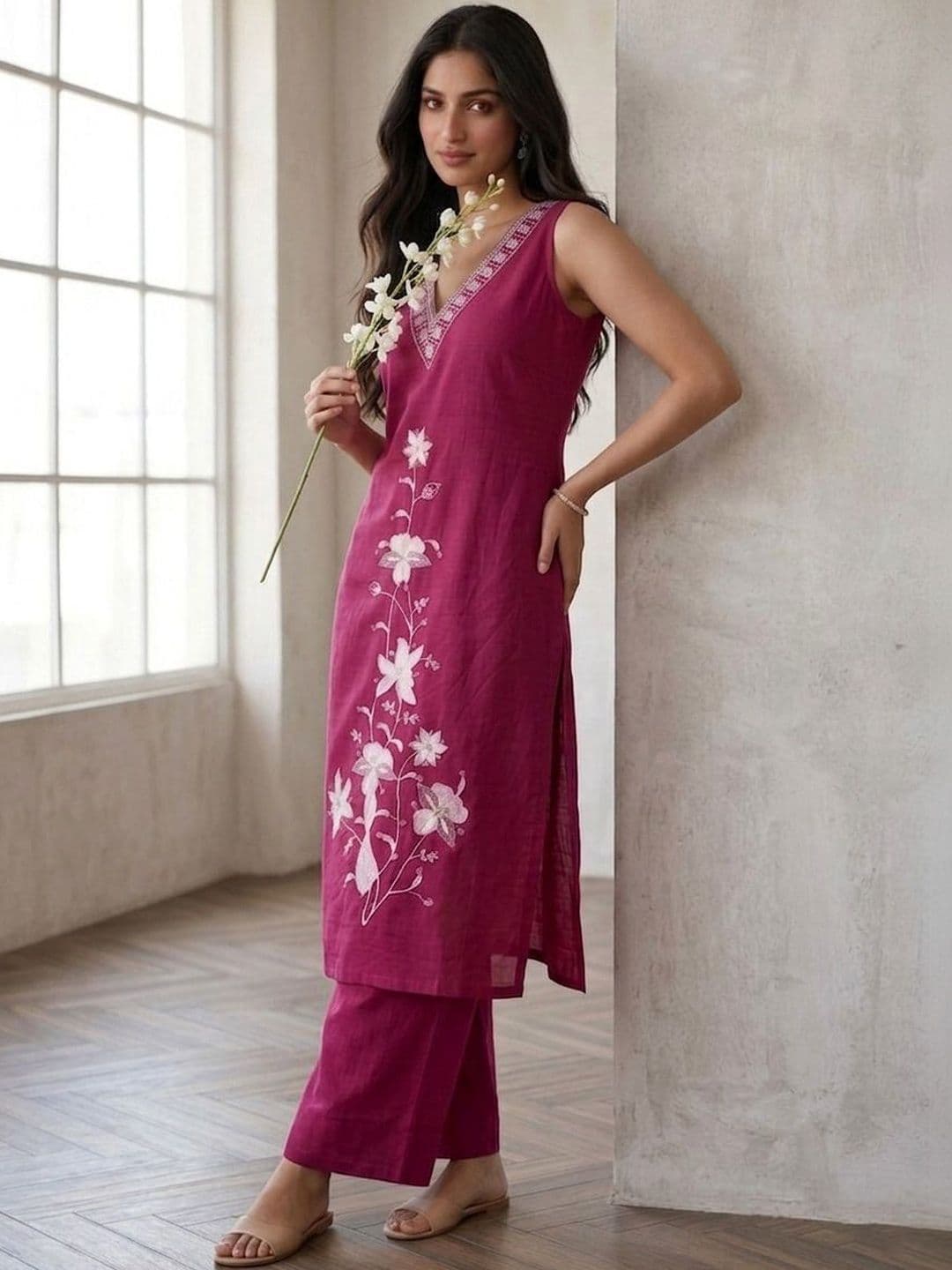HERE&NOW Women Ethnic Motifs Embroidered Regular Thread Work Kurta with Trousers thumbnail 6