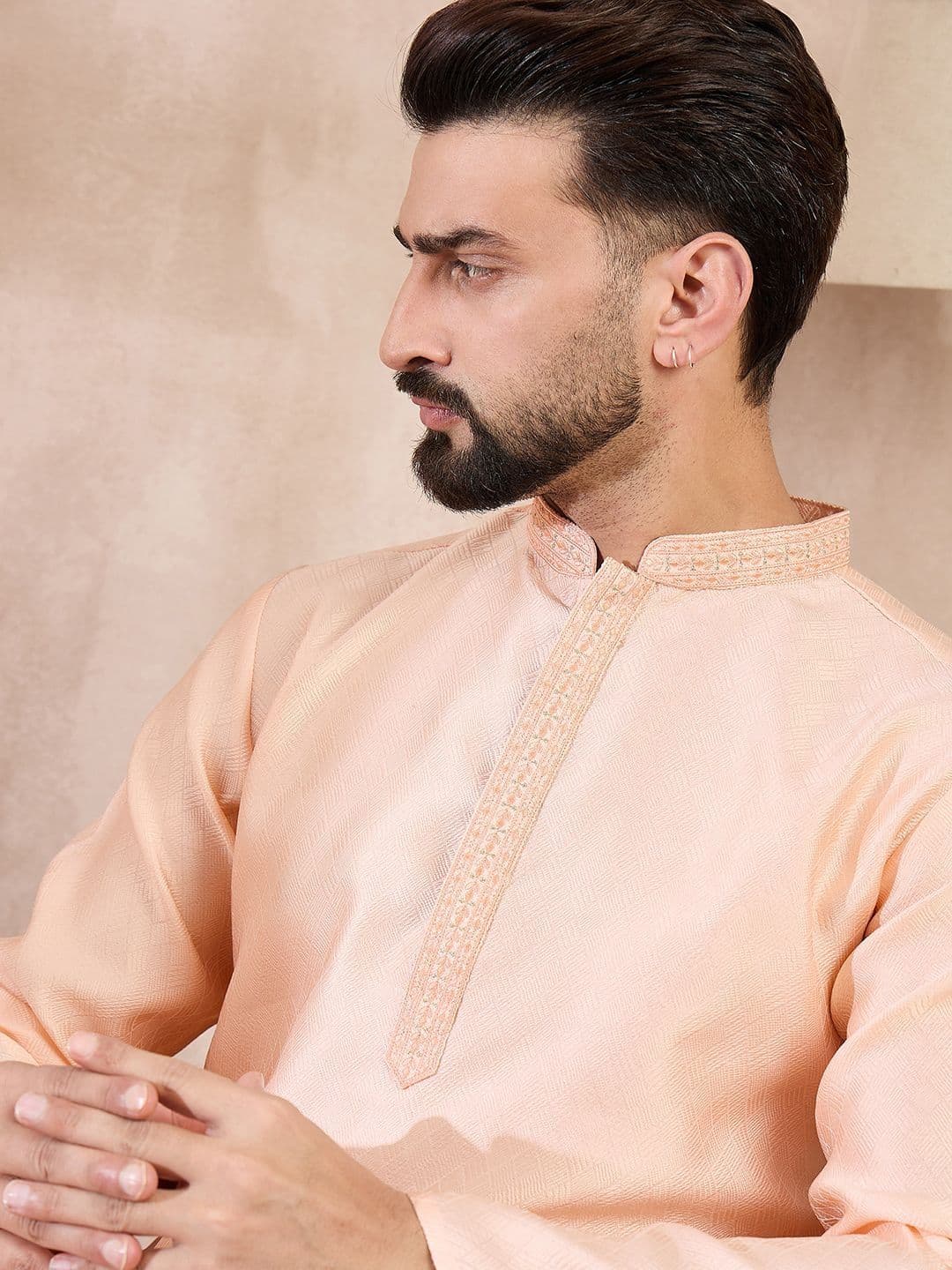 House of Pataudi Embroidered Mandarin Collar Knee Length Straight Kurta - view 1