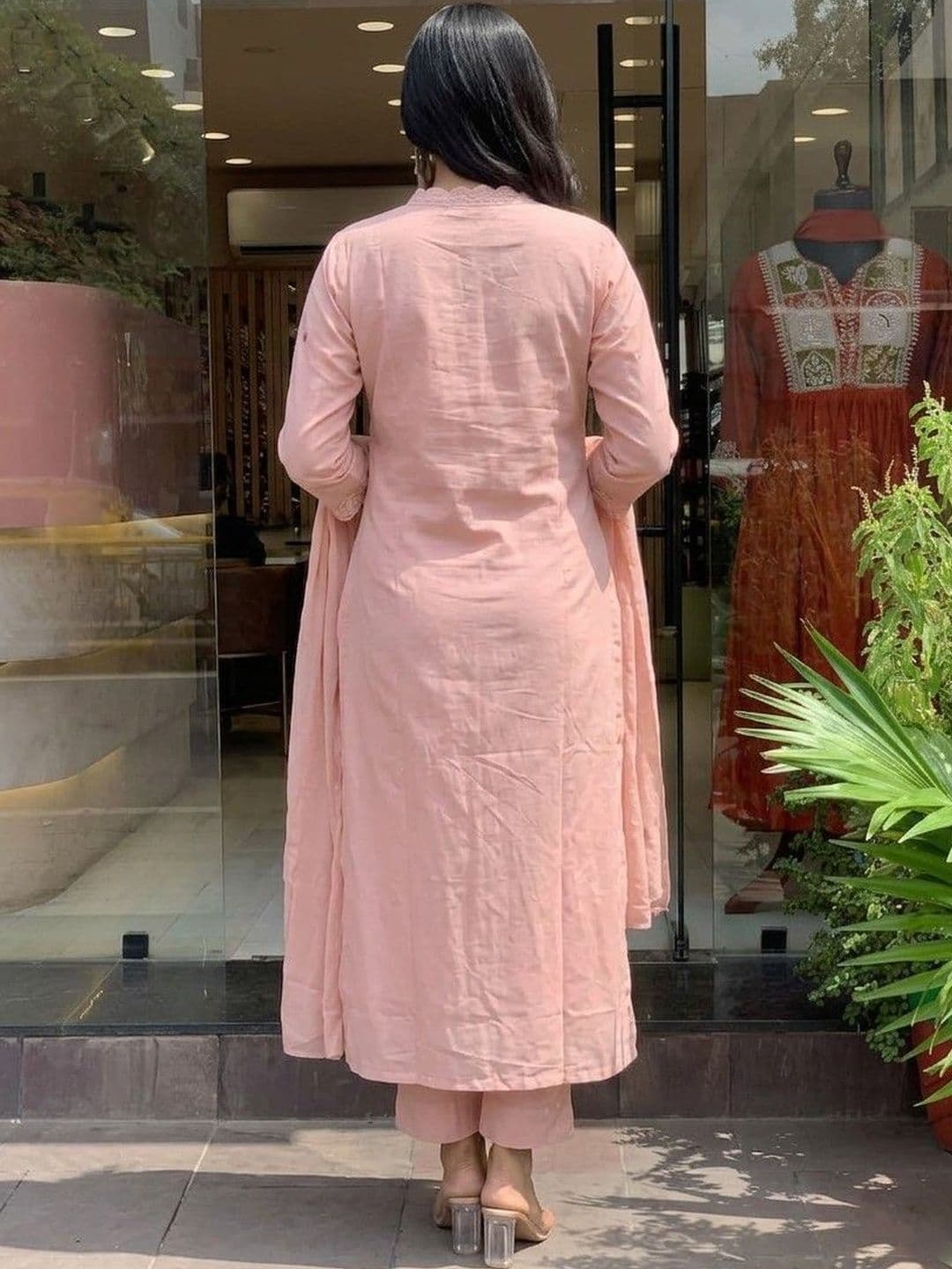 Sangria Self Design Chanderi Silk V-Neck Kurta & Trousers With Dupatta thumbnail 6