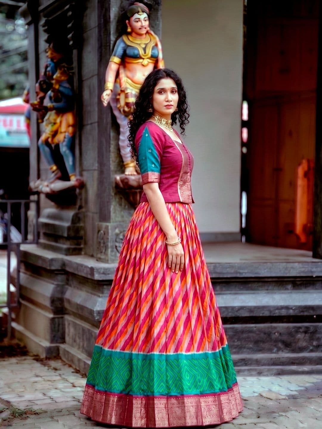 LOOKNBOOK ART Tasar Silk Leheriya Print Lehenga Choli with Rich Zari Weaving Work thumbnail 5