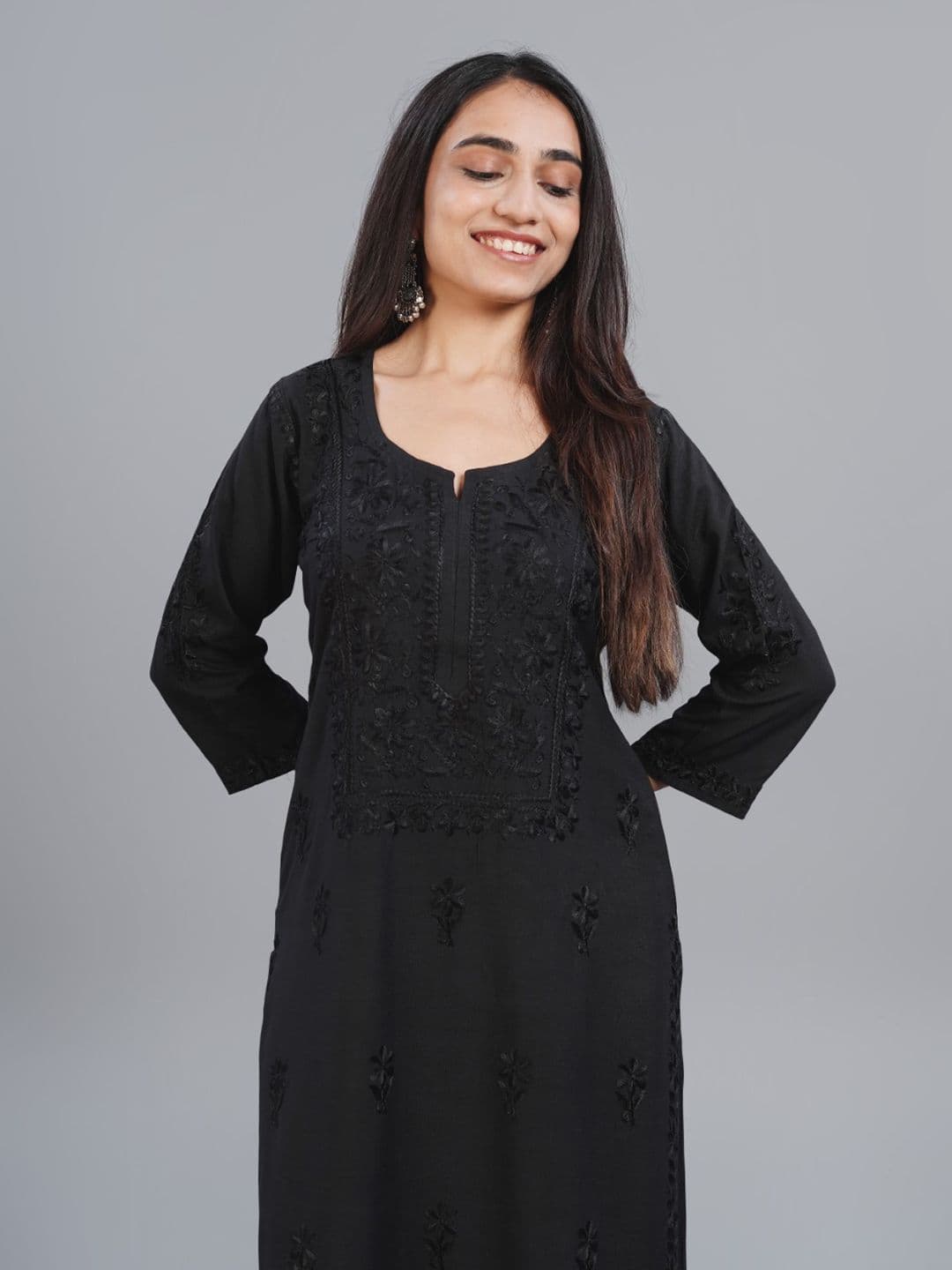 colorkosh Black Ethnic Motifs Embroidered Notch Neck Chikankari Kurta With Palazzos Set thumbnail 6