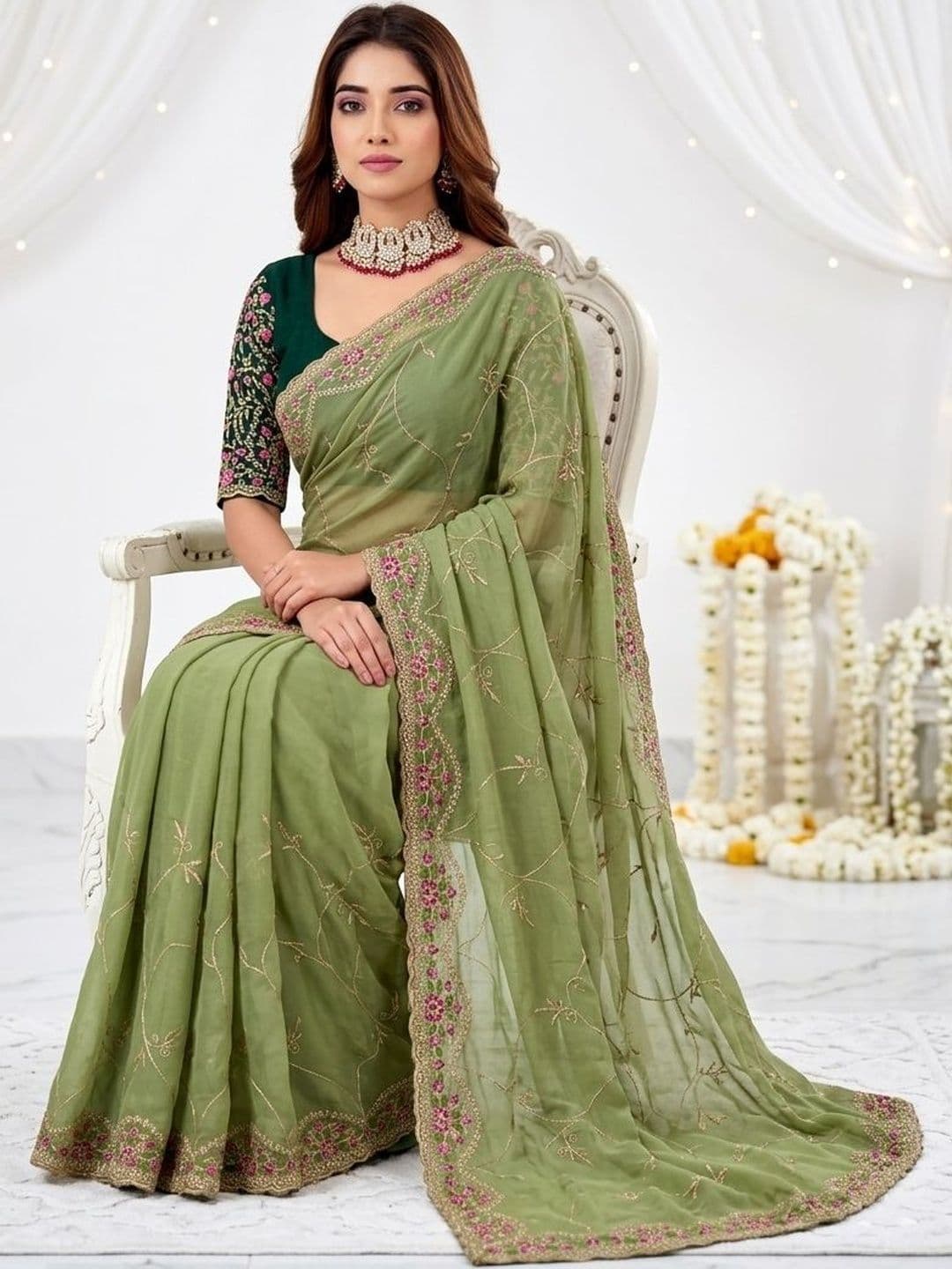Mitera Floral Embroidered Poly Georgette Heavy Work Saree thumbnail 2