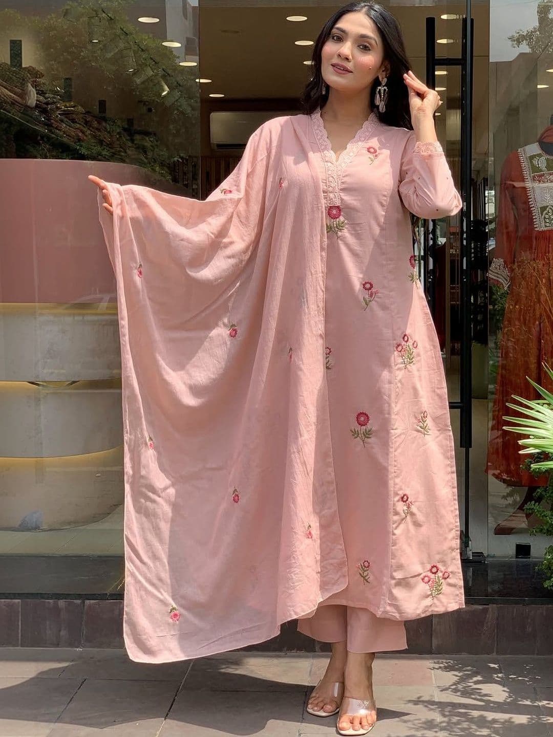 Sangria Self Design Chanderi Silk V-Neck Kurta & Trousers With Dupatta thumbnail 7
