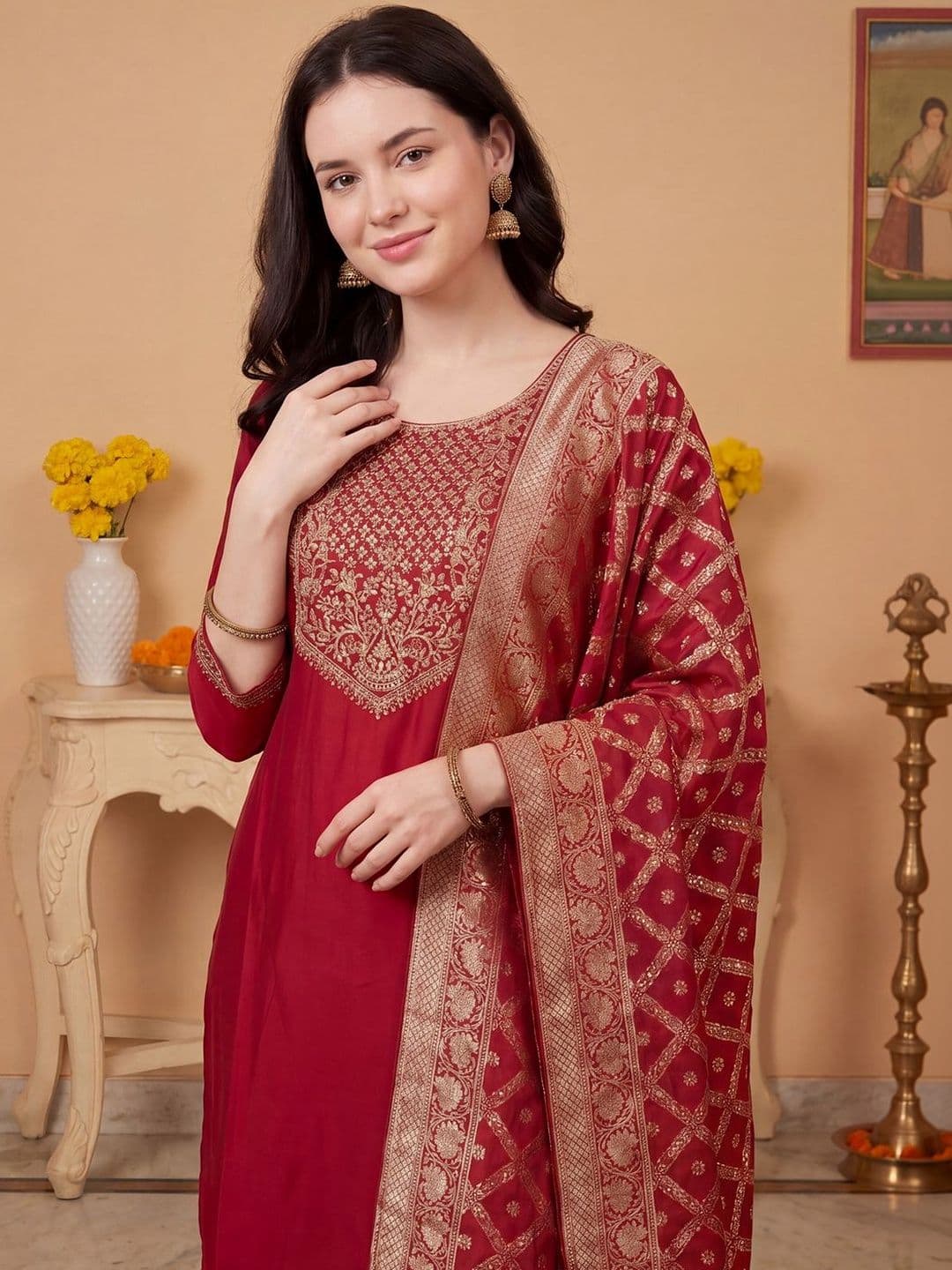 Indo Era Women Ethnic Motifs Embroidered Regular Thread Work Kurta with Trousers & With Dupatta thumbnail 3
