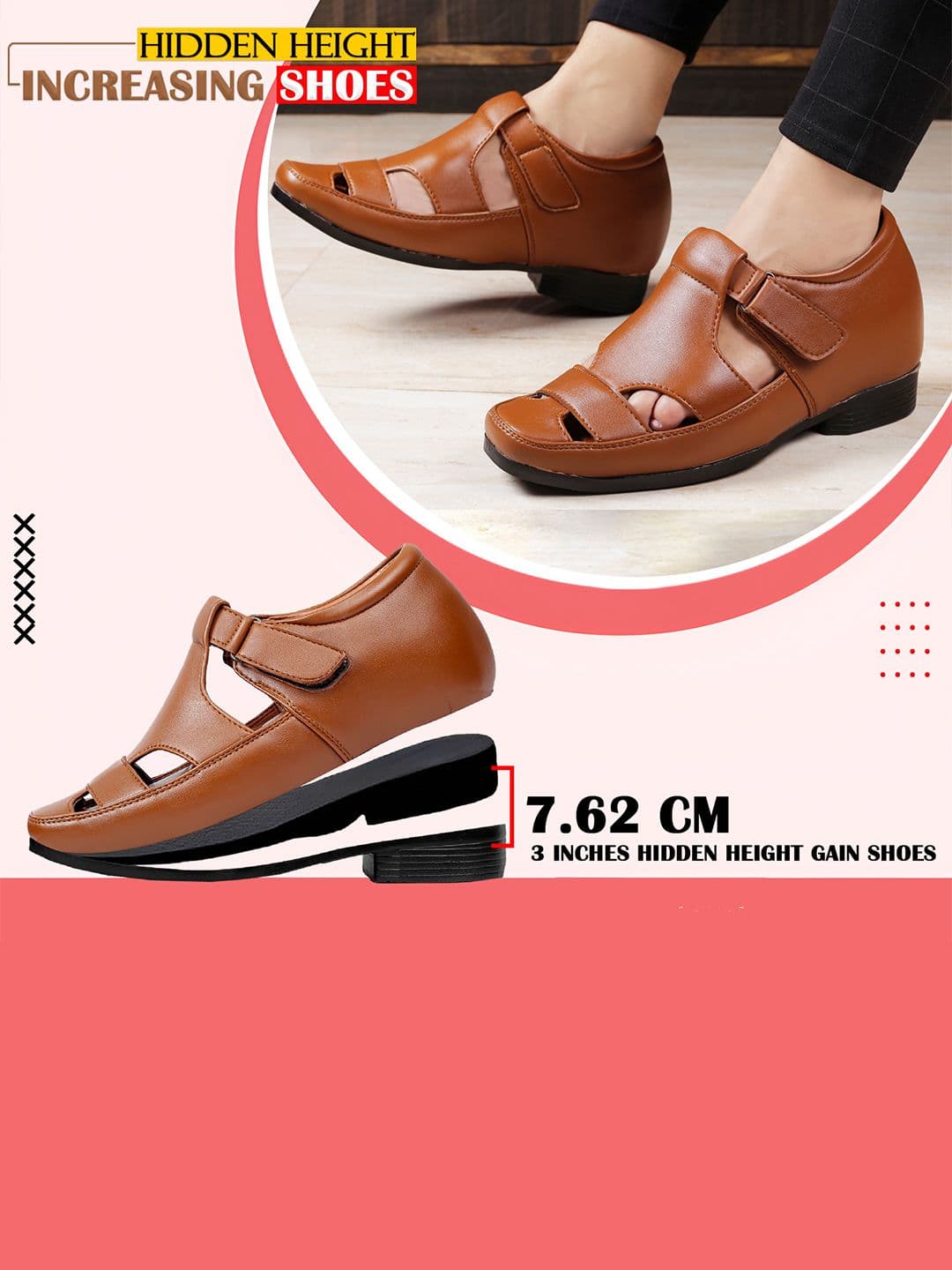 Bxxy Men Hidden Height Increasing Velcro Strap Closure Sandals thumbnail 2