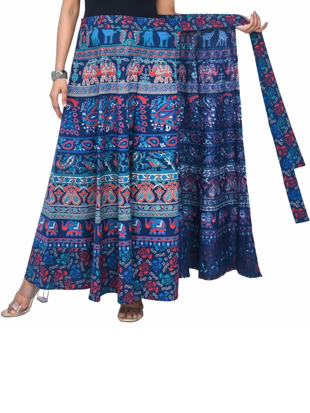 SAMJHI Ethnic Paisley Maxi Wrap Skirt - Blue, Red & Green - view 1