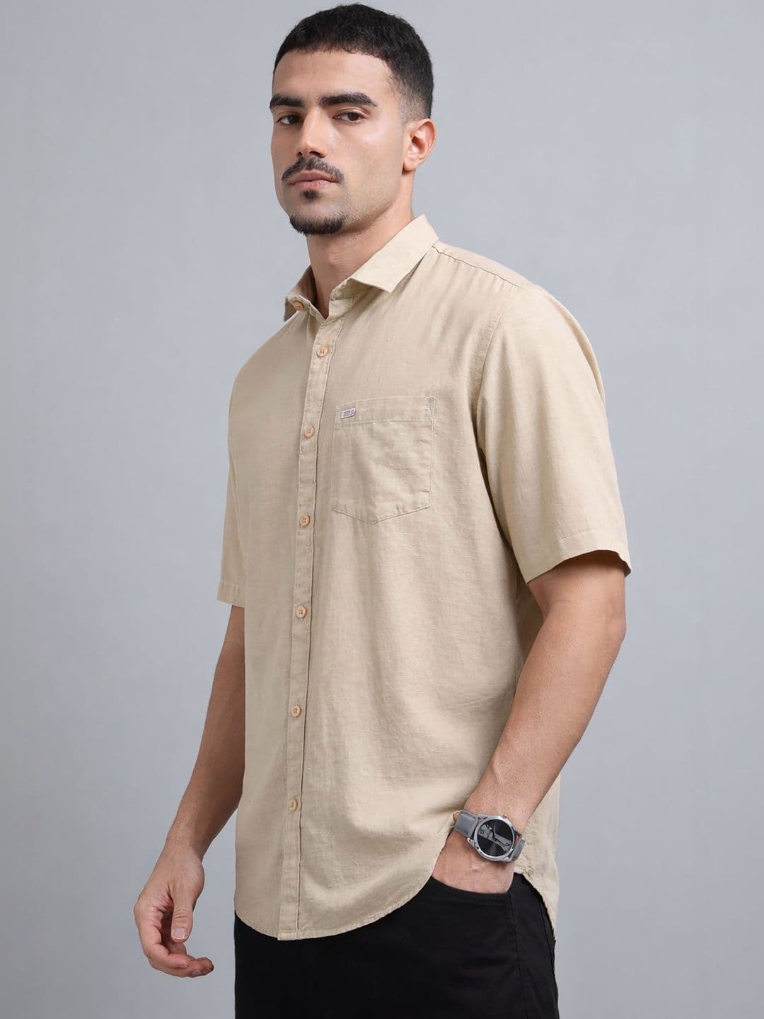U.S. PITCHERS Beige Solid Casual Shirt with Curved Hem thumbnail 5