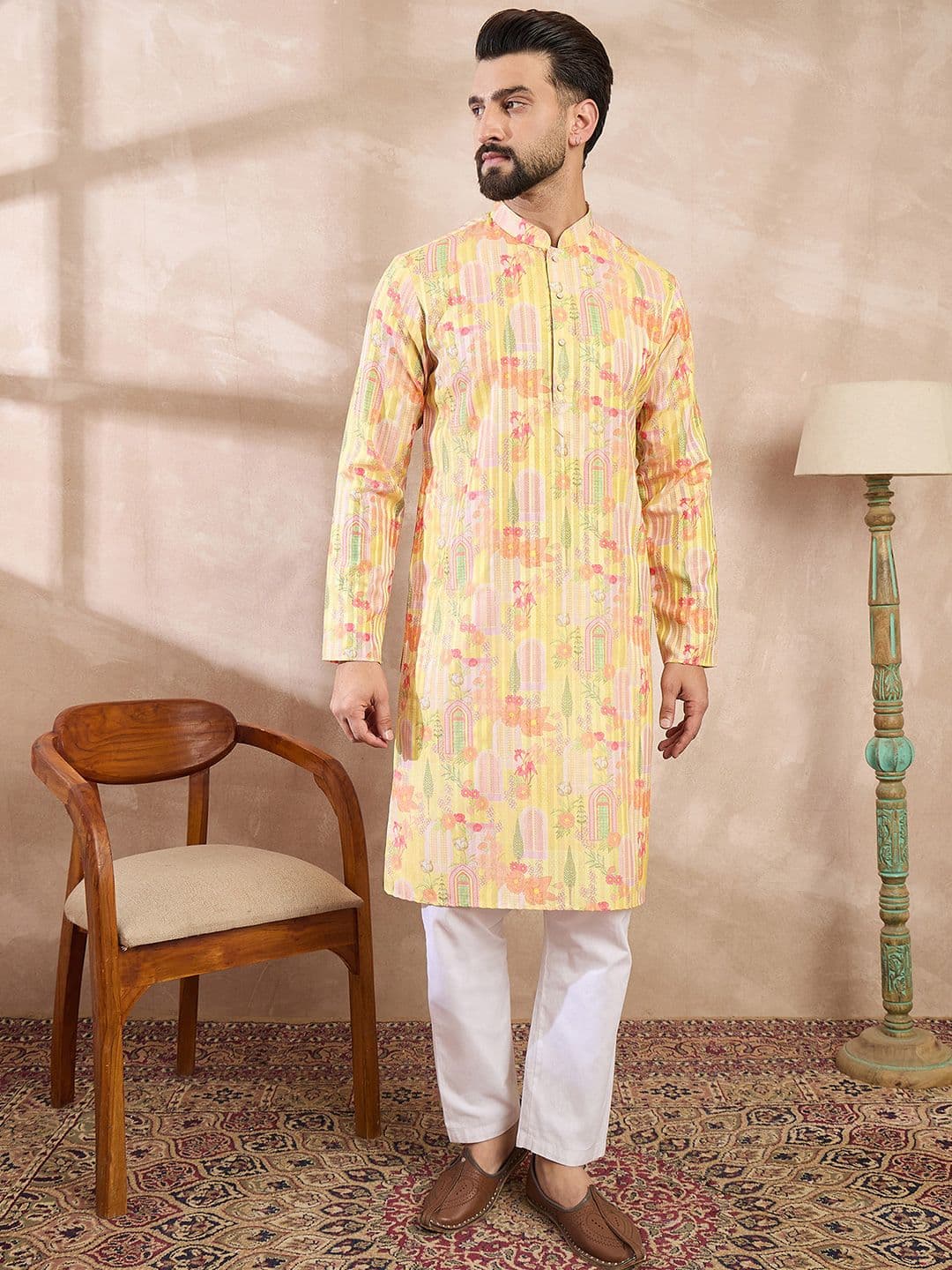 House of Pataudi Printed Mandarin Collar Knee Length Straight Kurta thumbnail 3