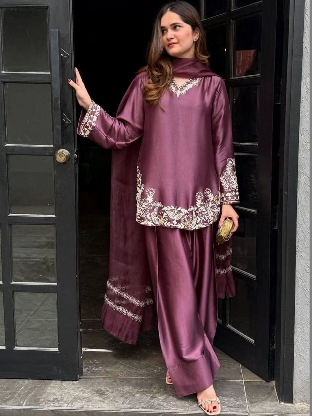 Sangria Embroidered Silk Crepe V-Neck Kurta & Palazzos With Dupatta thumbnail 3