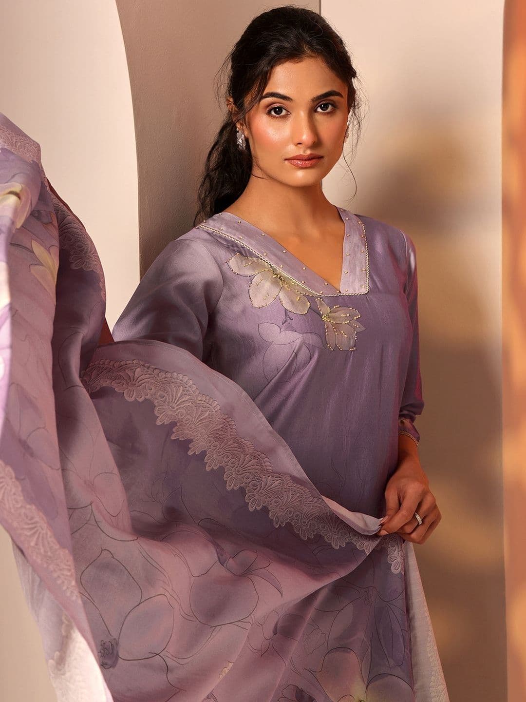 Libas Women Floral Printed Regular Thread Work Kurta with Trousers & With Dupatta thumbnail 5
