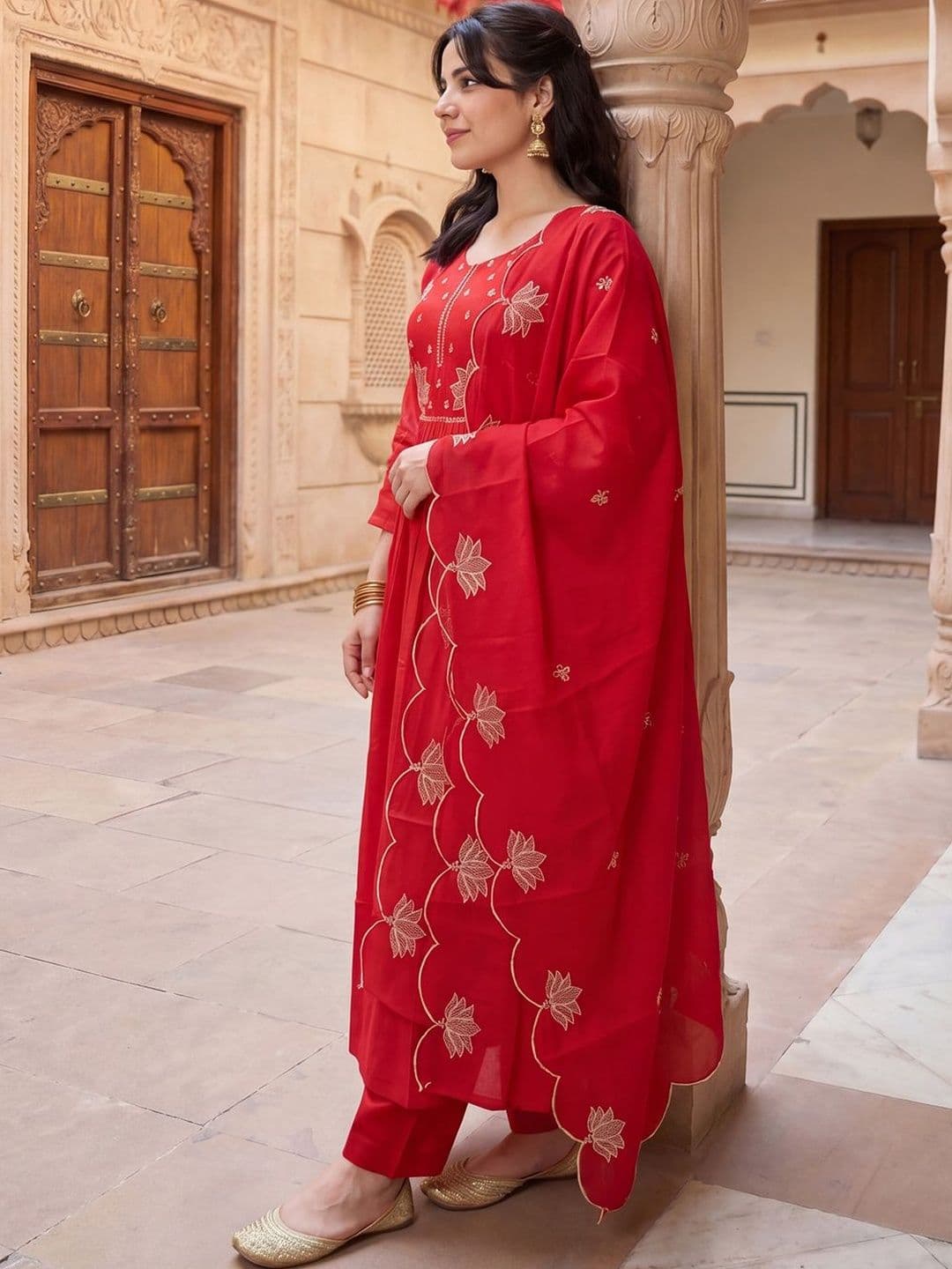 Indo Era Women Ethnic Motifs Embroidered Regular Thread Work Kurta with Trousers & With Dupatta thumbnail 5