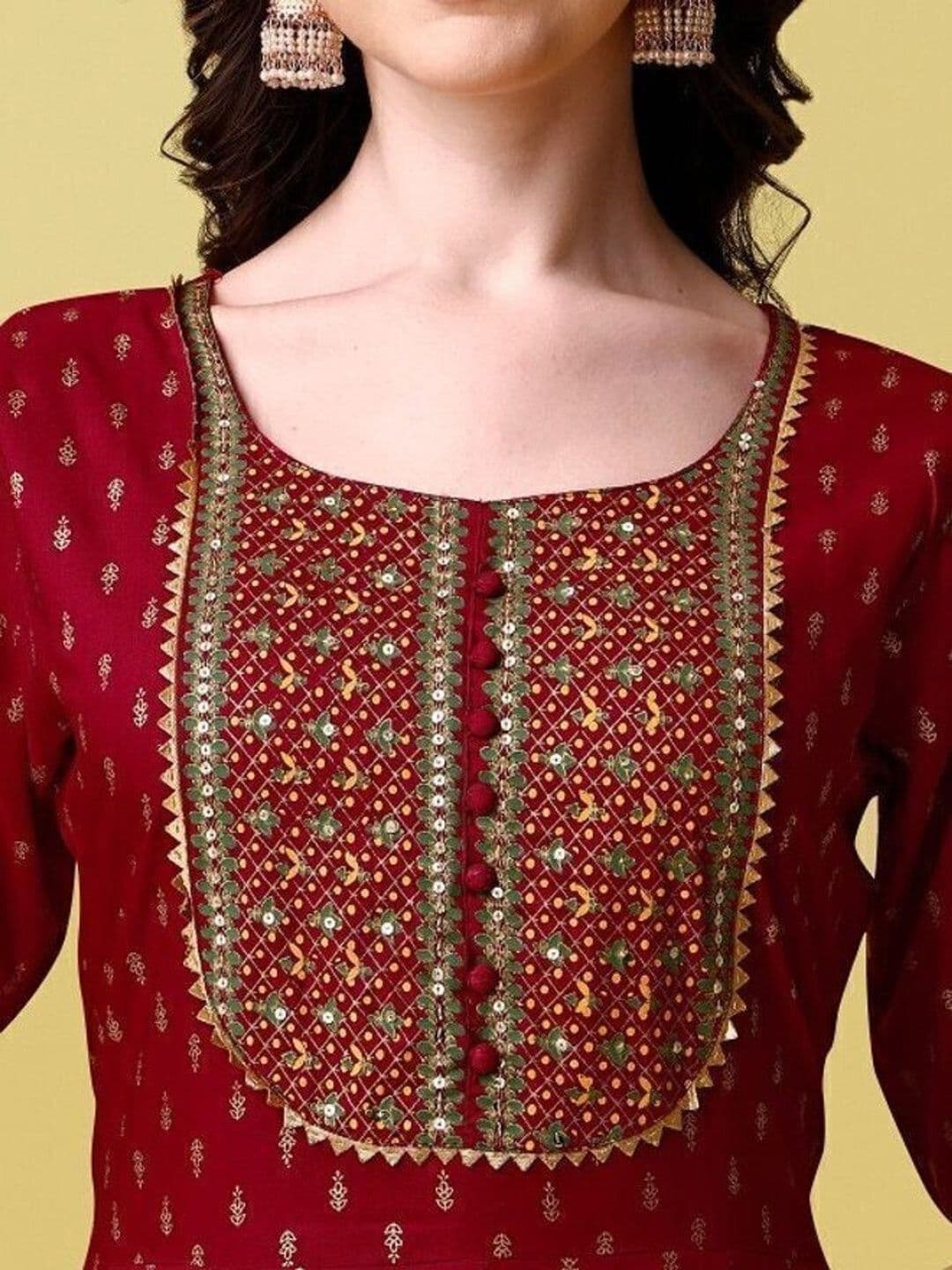 QUEENSFAB Women Ethnic Motifs Printed Tiered Thread Work Kurta with Trousers & With Dupatta thumbnail 4