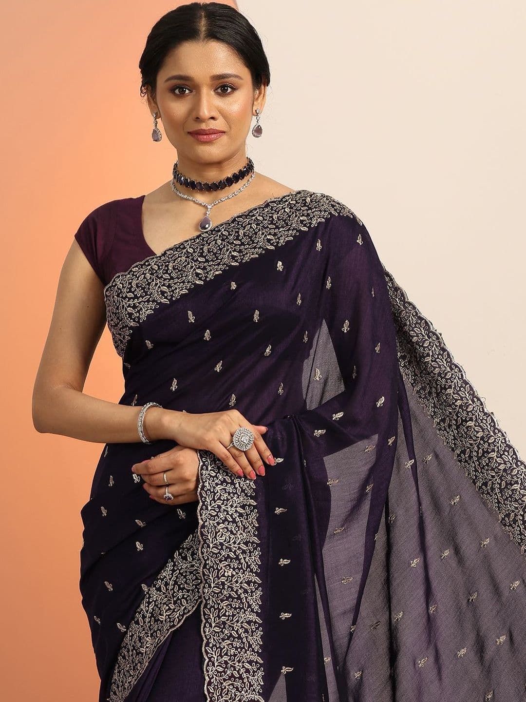 Libas Purple Embroidered Saree With Unstitched Blouse Piece thumbnail 7