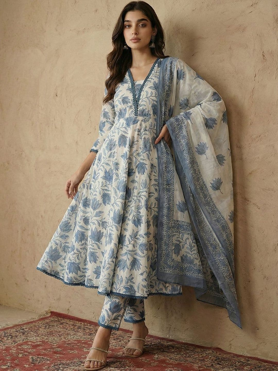 Sangria Printed V-Neck Kurta & Trousers With Dupatta thumbnail 5