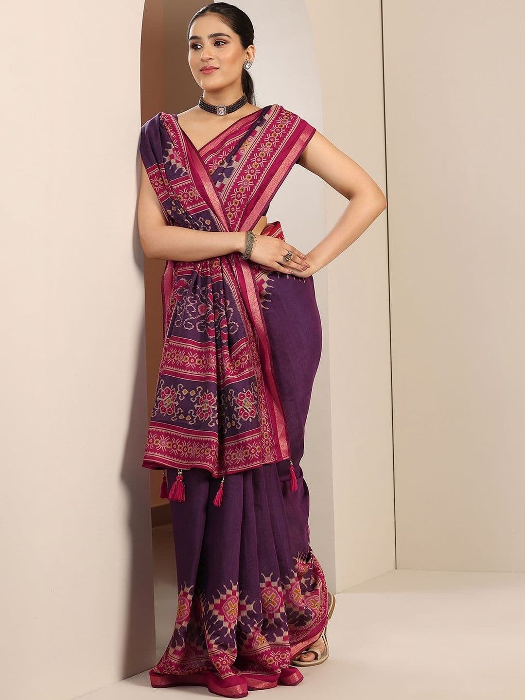 Libas Purple Solid Cotton Blend Saree With Unstitched Blouse Piece - view 1