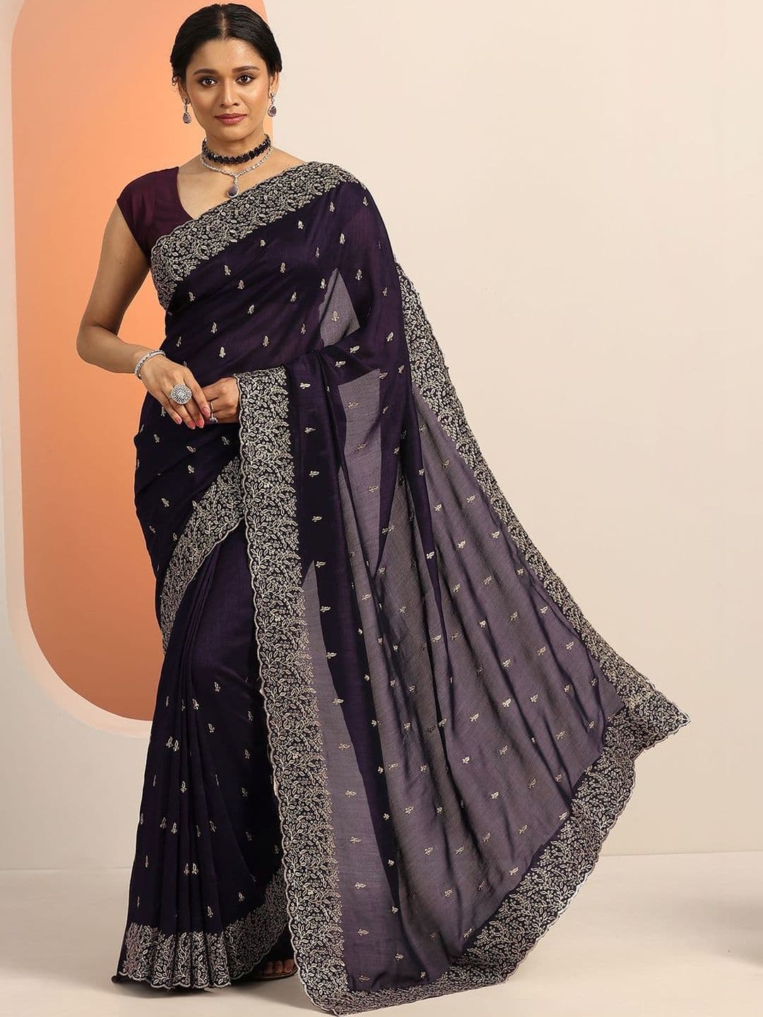 Libas Purple Embroidered Saree With Unstitched Blouse Piece - view 1