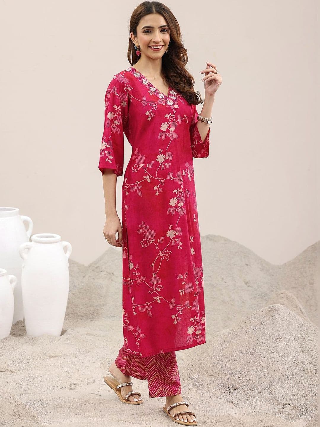 Libas Women Floral Printed Regular Thread Work Kurta with Trousers & With Dupatta thumbnail 5