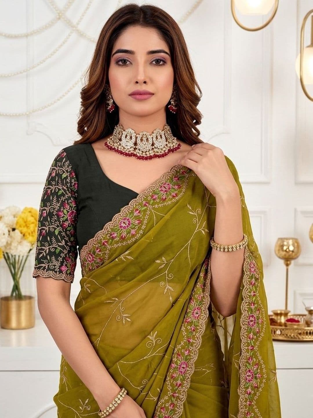 Mitera Embellished Embroidered Poly Georgette Heavy Work Saree thumbnail 4