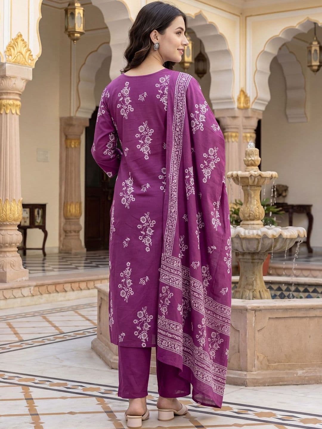 Indo Era Women Floral Printed Regular Sequinned Pure Cotton Kurta with Trousers & With Dupatta thumbnail 3