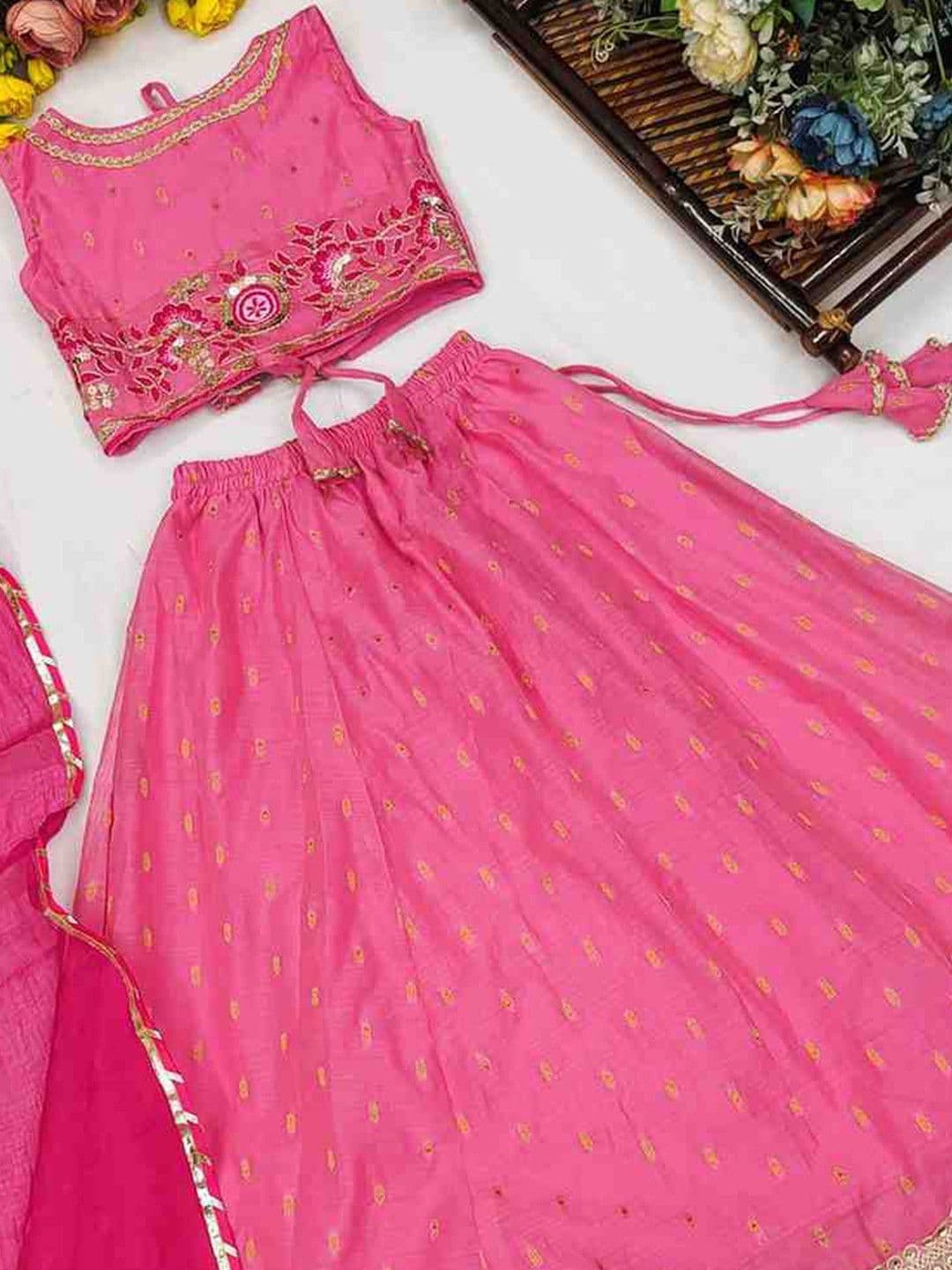 RJ ONLINE Girls Mirror Work Tie and Dye Semi-Stitched Lehenga & Blouse With Dupatta thumbnail 2